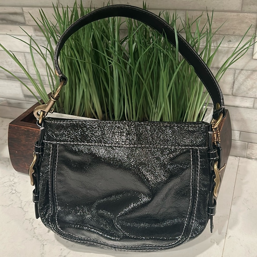 Coach purse black patent purple lining